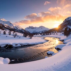 A winding river snaking through a snow-covered valley at sunrise, showcasing a breathtaking winter landscape.