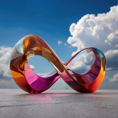 Multi-colored infinity symbol, sculpted from glass-like material, sits on a light gray surface against a vibrant blue sky with puffy white clouds