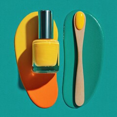Obraz premium Bright yellow nail polish bottle and wooden spoon on teal background with paint splatters
