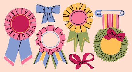 Various Medals with ribbon set. Different shapes, colors. Hand drawn modern Vector illustration. Reward badges for winners, award, championship, contest, success concept. Isolated design elements