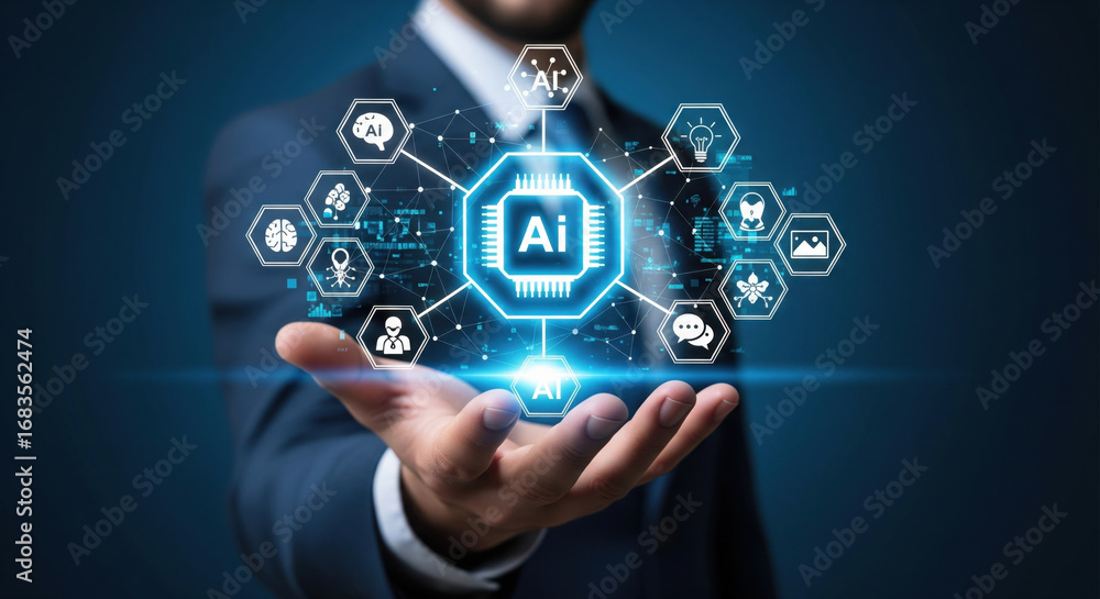 Aufkleber an artificial intelligence technology innovation digital data futuristic business network virtual co