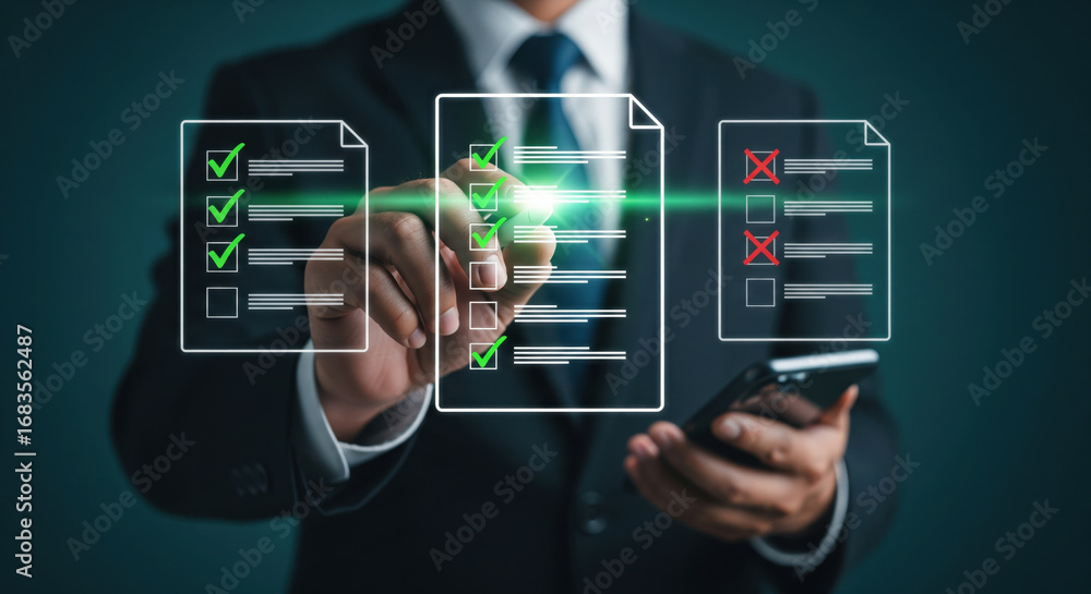 Fototapete a businessman in suit using smartphone and interacting with virtual checklist, digital document icon