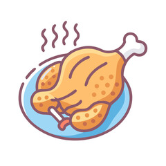 Roasted chicken on platter with steam cartoon illustration