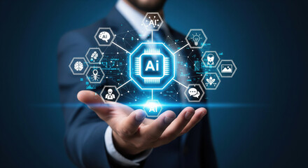 An artificial intelligence technology innovation digital data futuristic business network virtual concept glowing icons professional modern communication interface hand hologram smart science