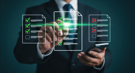 A businessman in suit using smartphone and interacting with virtual checklist, digital document icons with green check marks and red cross, concept of task management and productivity