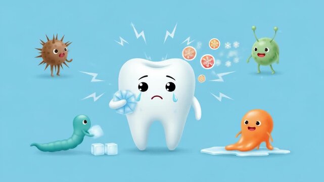 Toothache Illustration with Microbes, Ice Cubes, and a Sensitive Tooth Cartoon Character, Dental Sensitivity Cartoon Vector Illustration with Ice Cubes and Microbes