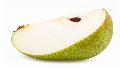 Juicy ripe pear slice with white flesh green skin fresh fruit organic healthy food isolated on white background
