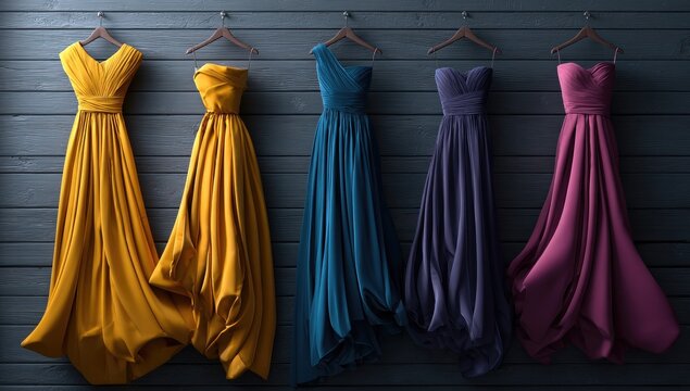 Four flowing bridesmaid gowns in vibrant colors hang on wooden hangers against a dark wall