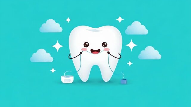 Cartoon Tooth Character Flossing, Illustrated Dental Hygiene Concept and Cheerful Tooth Illustration for Educational Children's Health Materials