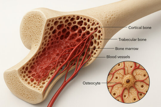 Bone Structure Anatomy Illustration: Cortical, Trabecular, Marrow, Vessels, Osteocyte [Illustration]