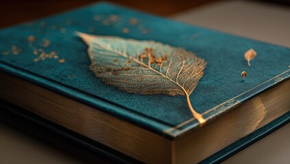 Teal-colored journal with gold-accented edges and a pressed golden leaf