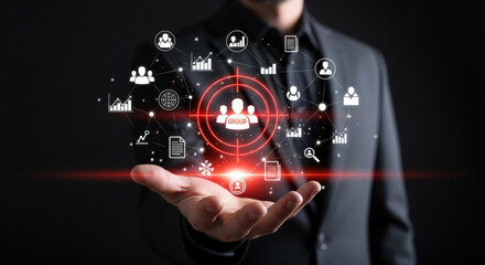 A businessman technology network group connection digital icon communication data and innovation concept with confident expression showing futuristic interface for teamwork and collaboration