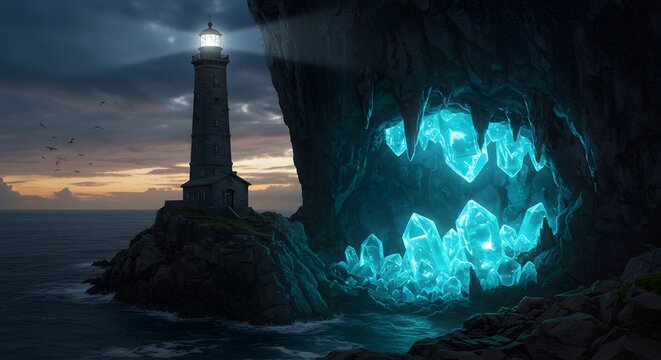 A lighthouse beam reveals a hidden crystal cave beneath it, a powerful metaphor for discovering hidden potential, looking inward, and foundational strength