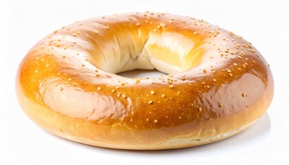 Golden baked bagel with round shape hole in middle crispy crust fluffy inside appetizing bread isolated on white background
