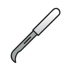 Silver scalpel illustration with curved blade on black background