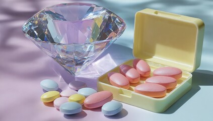 A sparkling diamond sits beside a pill organizer filled with pastel-colored pills