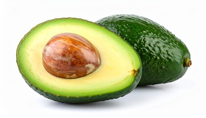 Juicy ripe avocado half with seed creamy green flesh healthy tropical fruit isolated on white background
