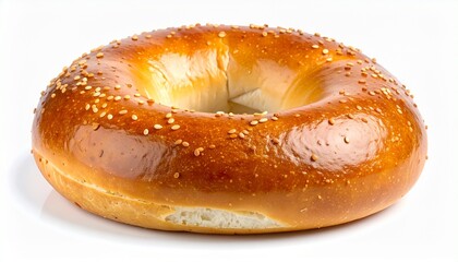 Golden baked bagel with round shape hole in middle crispy crust fluffy inside appetizing bread isolated on white background
