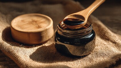 Dark viscous liquid poured from a jar onto a wooden spoon