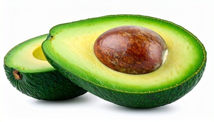 Juicy ripe avocado half with seed creamy green flesh healthy tropical fruit isolated on white background
