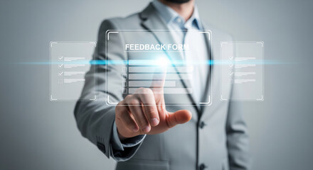 A businessman touching virtual feedback form interface, modern technology, digital survey, and professional evaluation concept, futuristic office environment