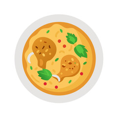 Flat illustration of chicken drumsticks in soup on white plate