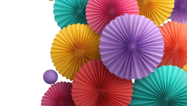 Colorful paper fans layered in a vibrant composition