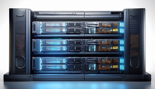 high tech server rack with illuminated components on a white background