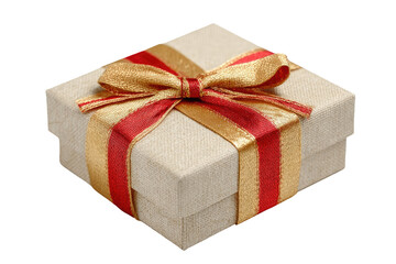 Square gift box, beige color, tied with gold and red ribbon