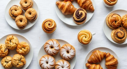 Fototapeta premium Overhead shot of assorted pastries arranged on small white plates and cups, set on a white surface.