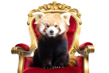 Red panda sitting on ornate gold and red chair isolated on a transparent background