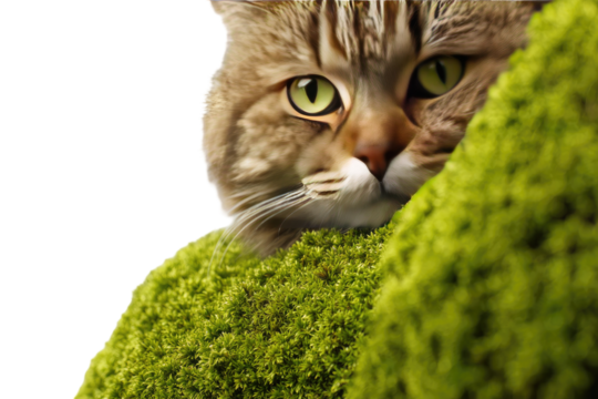 Close-up cat peeking from moss