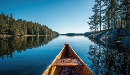 Obraz premium Wooden canoe on tranquil lake, forest backdrop