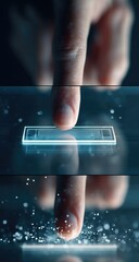 A hand interacts with a glowing, digital interface.  Fingertip touches a rectangular, light-blue button or command, displayed within layers of glass.  Abstract particles surround the contact point