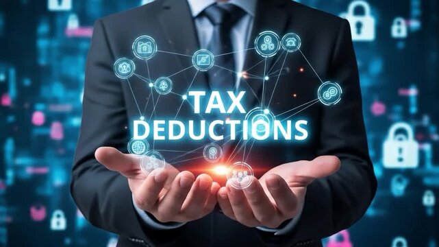 Hands holding tax deductions concept with digital locks