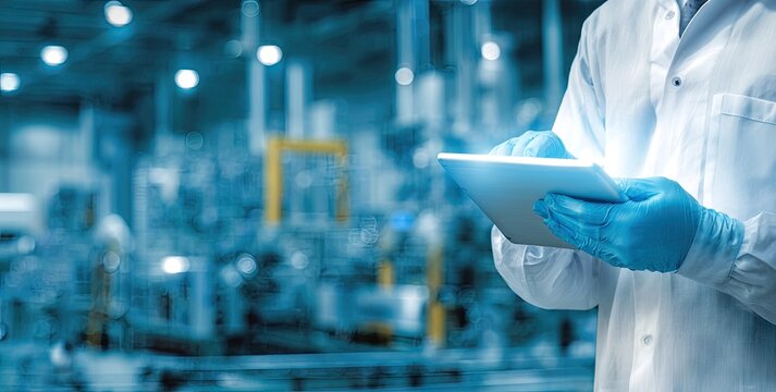 Scientist or engineer in a lab coat and blue gloves holding a tablet in a blurred industrial or laboratory setting.