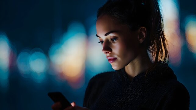 Young woman intently viewing her digital device in a dark city illuminated by the screen s glow and urban lights