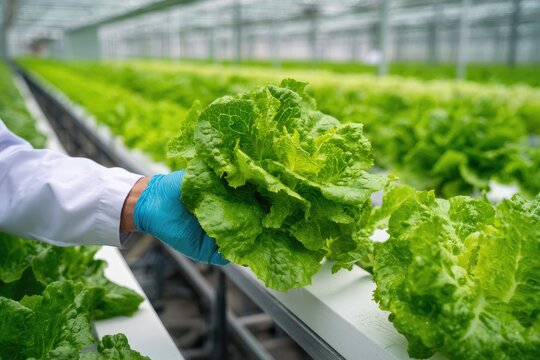 Worker in gloves holding fresh green lettuce in a modern hydroponic greenhouse.