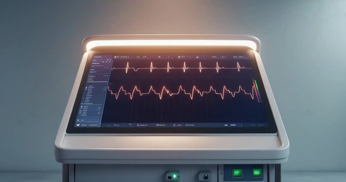 At start, scrolling ECG traces on backlit medical monitor in clinic, with RF HD lights