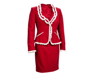 Red skirt suit with white ruffled trim and blouse isolated on a transparent background
