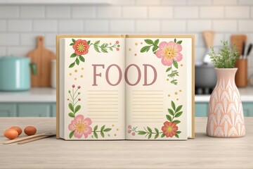Open food recipe book with floral decorations on a kitchen counter with eggs and vase