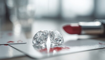 Two sparkling diamonds rest on playing cards, near a red lipstick.  Soft lighting and shallow depth of field