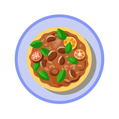 Cartoon stew plate with beans tomatoes and basil leaves