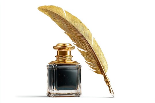 Golden quill and inkwell.  A gold-colored quill pen beside a gold-capped inkwell filled with dark ink
