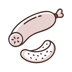 Cartoon sausage and pickle illustration against a dark background