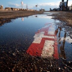 Puddle reflecting a faded road marking