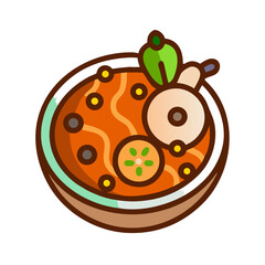 Fototapeta premium Stylized bowl of soup graphic illustration on black backdrop