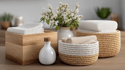 Spa Day Still Life: a serene composition showcasing rolled towels, flowers, a bottle, and woven baskets. Reflecting tranquility and relaxation.