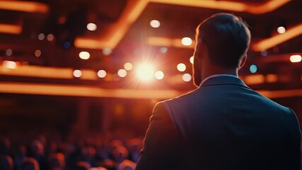 Speaker addressing large audience.