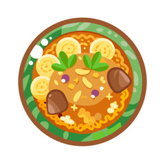 Stylized noodle dish with toppings in a colorful bowl